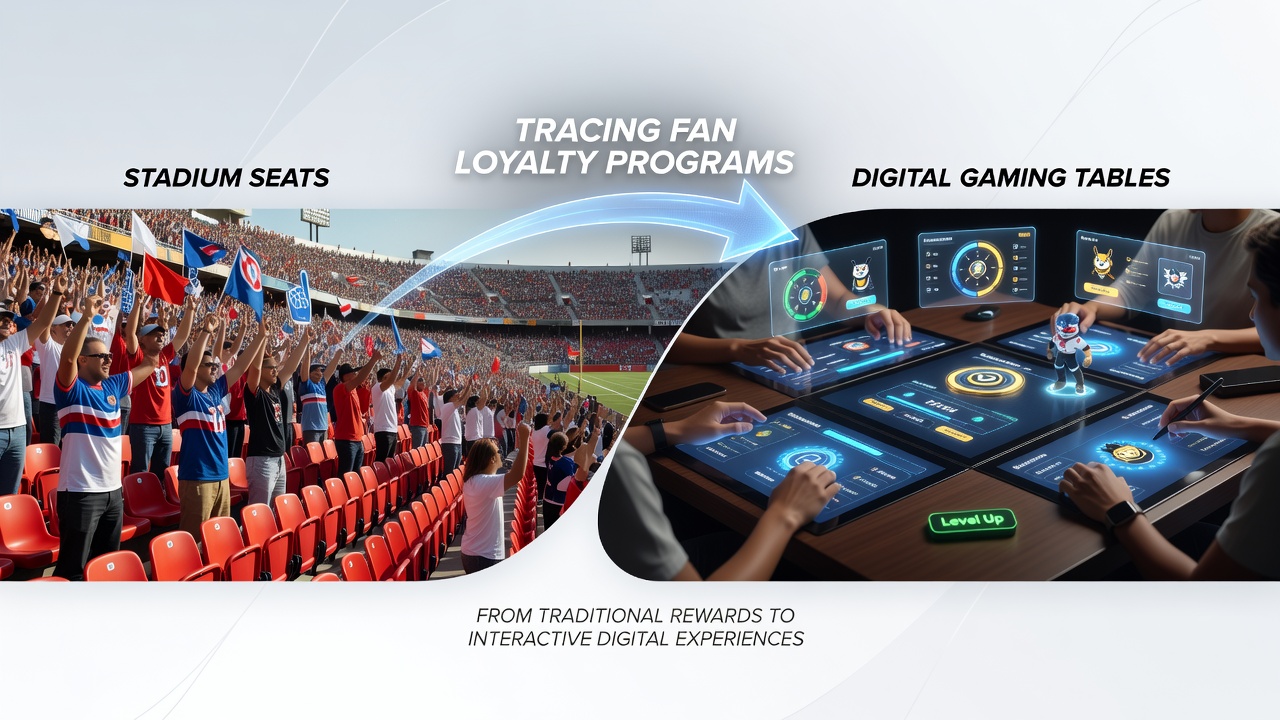 Digital interface displaying loyalty points transferring from stadium app to online gaming table dashboard